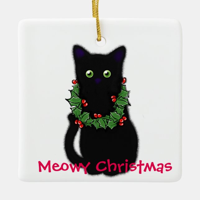 Ornement En Céramique Noël Meowy | Cadeau amoureux des chats | chat noir (Devant)
