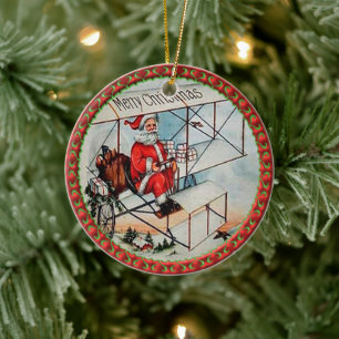Ornement En Céramique Noël Père Noël volant un vieil avion
