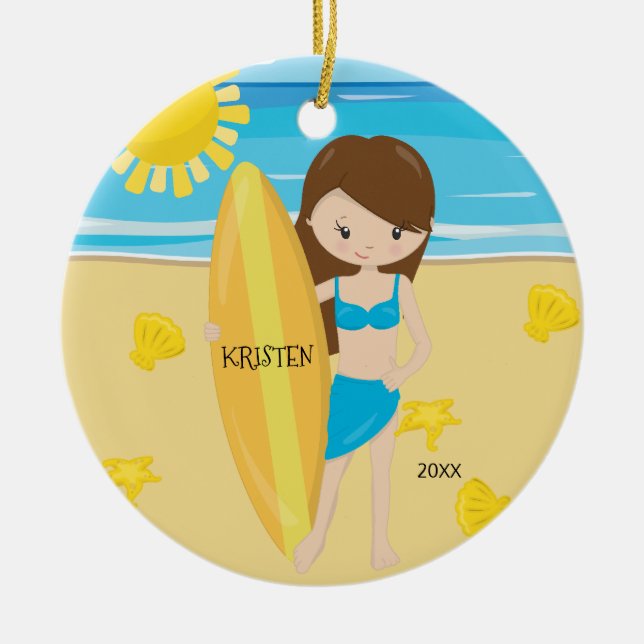 Ornement En Céramique Noël personnalisé par fille mignonne de surfer de (Devant)
