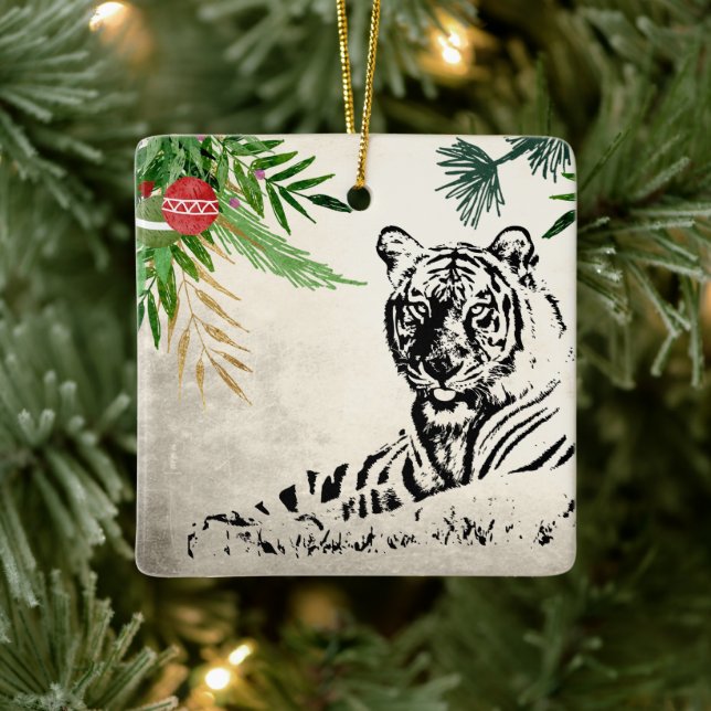 Ornement En Céramique Noël personnalisé Tigre sauvage et Fronds de palme (Arbre)