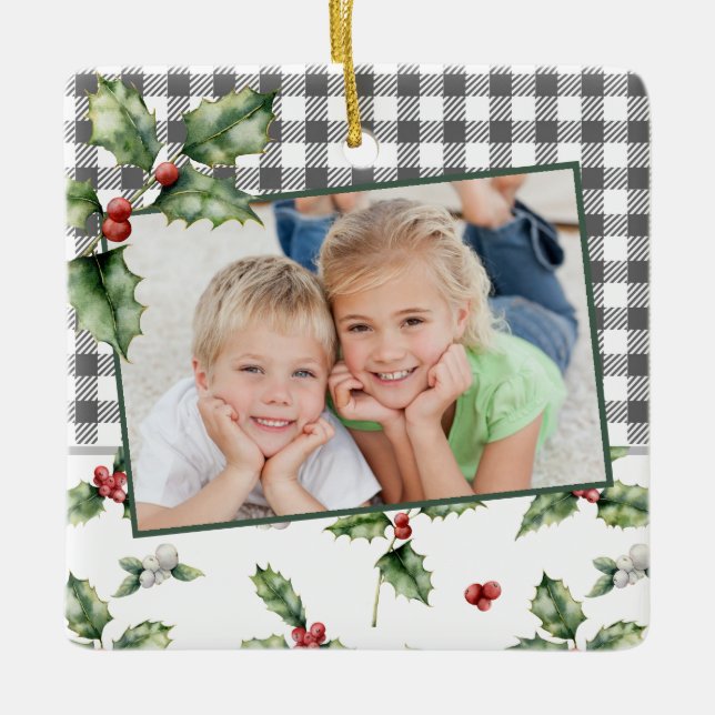 Ornement En Céramique Noël Photo Plaid Aquarelle Florale (Devant)