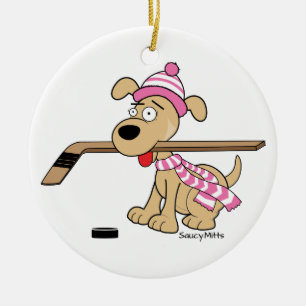 Ornement En Céramique Noël rose de chien d'hockey de bande dessinée