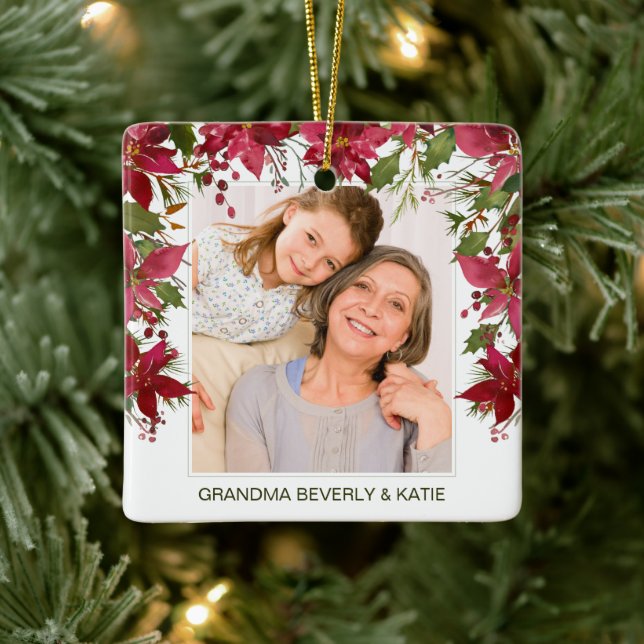 Ornement En Céramique Noël Rouge Floral Poinsettia Photo Monogramme (Arbre)