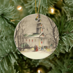 Ornement En Céramique Noël vintage, Eglise dans le paysage hivernal
