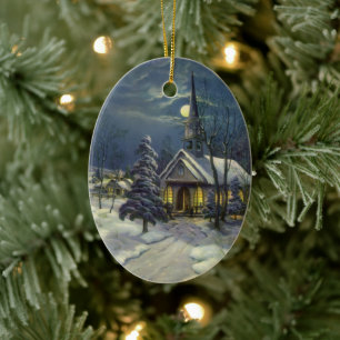 Ornement En Céramique Noël Vintage, Église d'hiver en Neige avec Lune