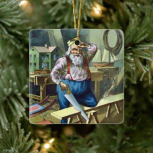 Ornement En Céramique Noël vintage, le Père Noël construisant des jouets