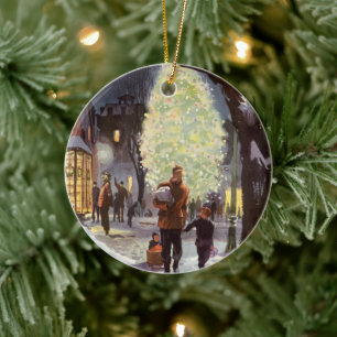 Ornement En Céramique Noël vintage, Père Shopping avec les enfants