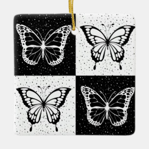 Ornement En Céramique Noir blanc À damiers conception papillon