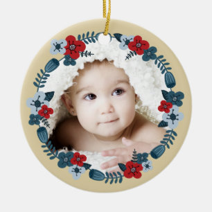 Ornement En Céramique Nom de la photo personnalisée Date Couronne floral