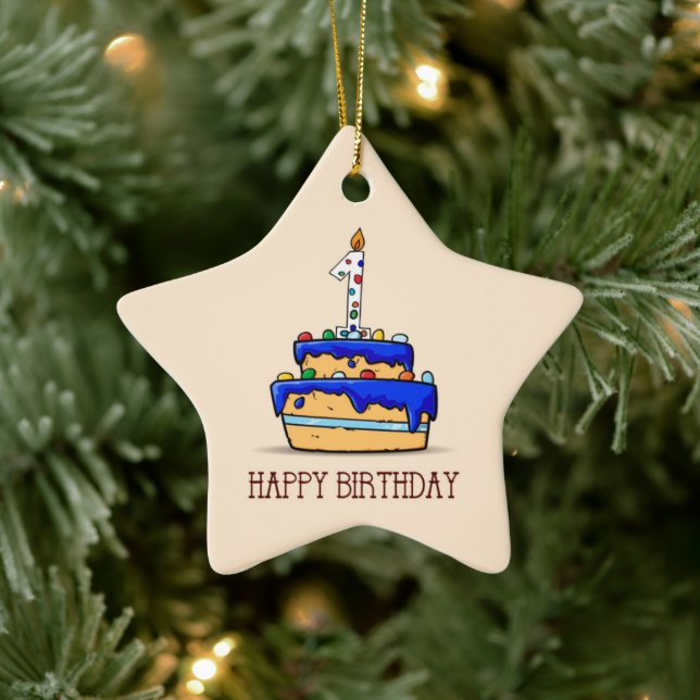 Ornement En Céramique Nom personnalisé, 1er anniversaire, gâteau bleu do (Arbre)