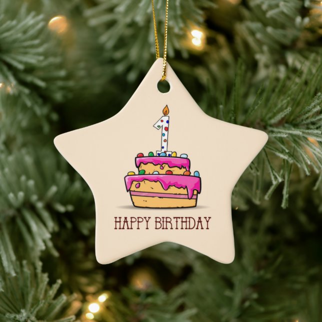 Ornement En Céramique Nom personnalisé, 1er anniversaire, gâteau rose do (Arbre)
