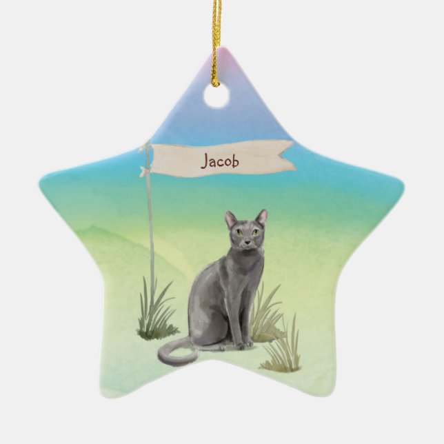 Ornement En Céramique Nom personnalisé Animal de chat russe bleu (Devant)
