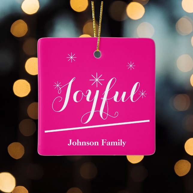 Ornement En Céramique Nom personnalisé de vacances Script Chic Rose chau (Help create a Joyful holiday mood with a  personalized hot pink ceramic Christmas ornament.)