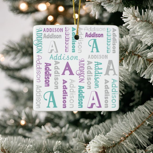 Ornement En Céramique Nom répété Personnalisé Gris Purple Turquoise (Créateur téléchargé)