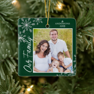 Ornement En Céramique Notre famille écriture photo verte Noël