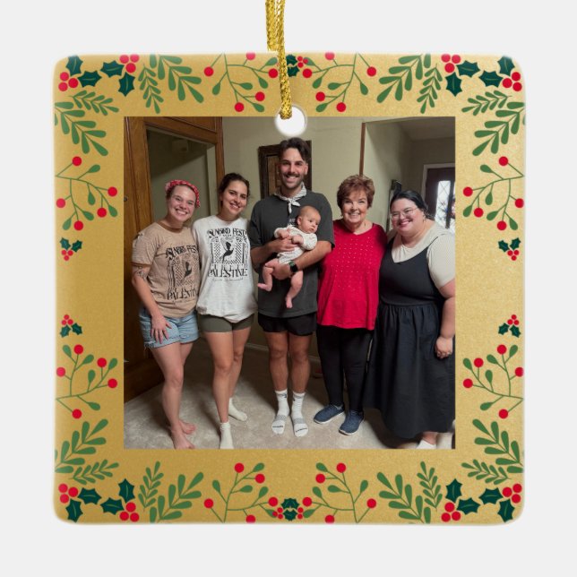 Ornement En Céramique Notre famille Photo Gold et Holly Frame (Devant)