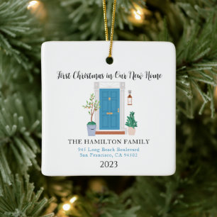 Ornement En Céramique Notre nouvelle maison Première porte bleue de Noël
