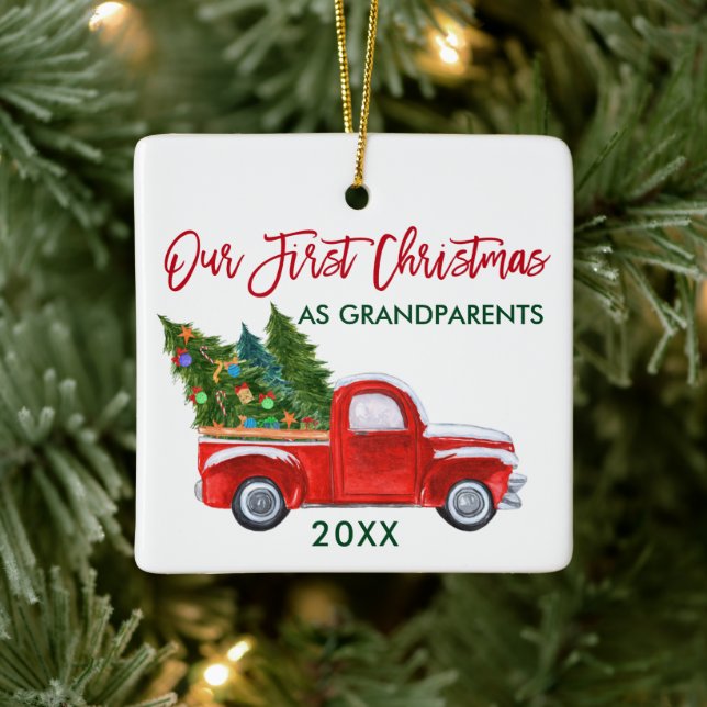 Ornement En Céramique Notre premier Noël en grand-parents Camion Rouge (Arbre)