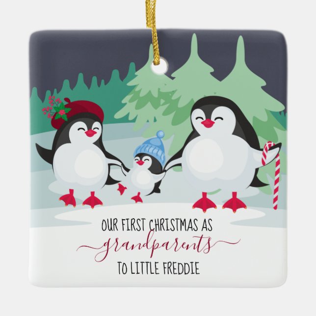Ornement En Céramique Notre premier Noël en grand-parents mignons pingou (Devant)