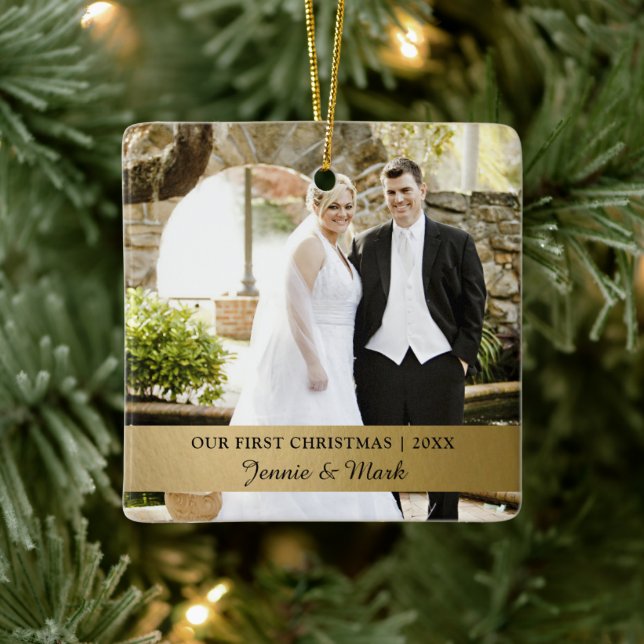 Ornement En Céramique Notre premier Noël, Gold Mariage photo Keepsaké (Arbre)