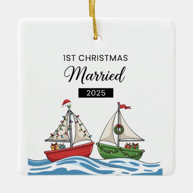 Ornement En Céramique Notre premier Noël Marié 2025 | Cute Nautique (Devant)