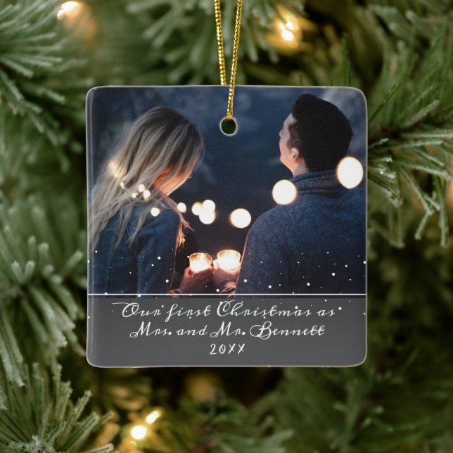 Ornement En Céramique Notre premier Noël, Mme. & M. Mariage Photo (Arbre)