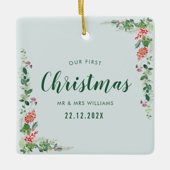 Ornement En Céramique notre première florale hivernale de noël (Devant)