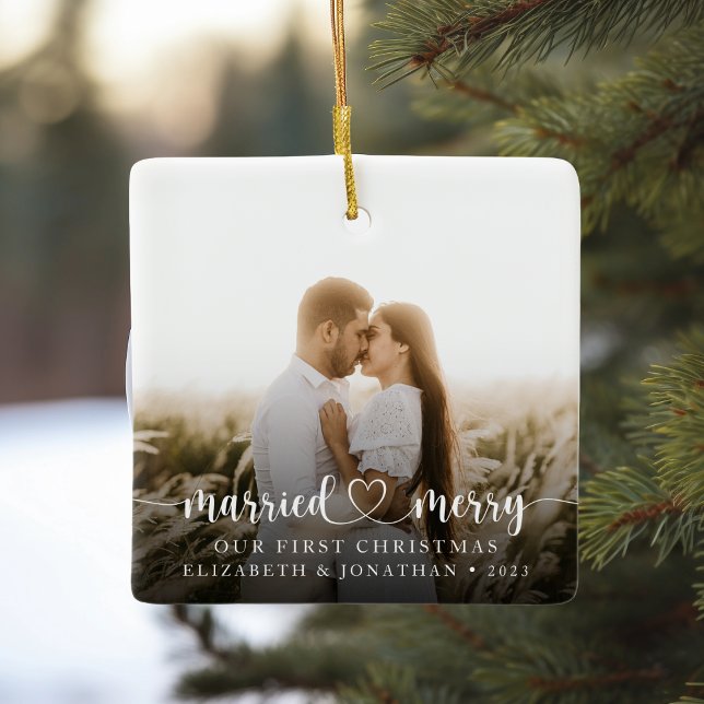 Ornement En Céramique Notre première photo de Noël Mariée & Joyeuse (Créateur téléchargé)