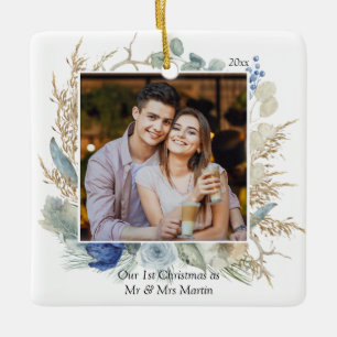 Ornement En Céramique Nouveau marié 1er Noël Mr & Mrs Chic Floral Photo