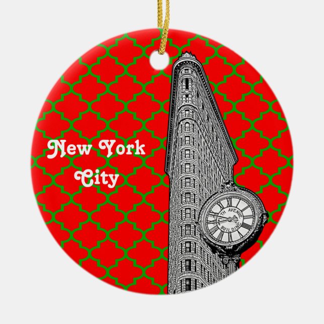 Ornement En Céramique NYC Flatiron Building Red Grn Quatrefoil Xmas (Devant)
