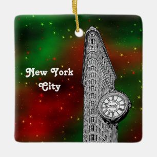 Ornement En Céramique NYC Flatiron Building Red Grn Starry Xmas