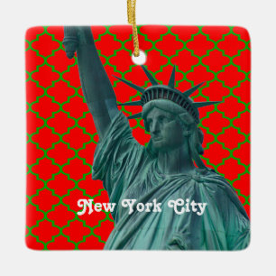Ornement En Céramique NYC Statue of Liberty Red Grn Quatrefoil Xmas
