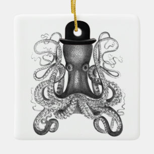 Ornement En Céramique Octopus portant le Casquette Bowler, Vintage, Octo