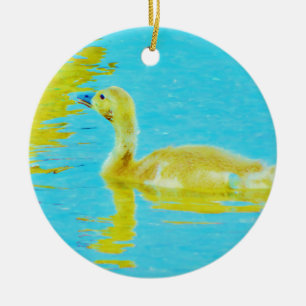 Ornement En Céramique Oie-bébé jaune avec eau bleu clair
