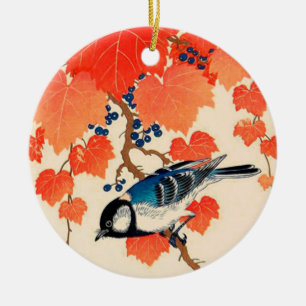 Ornement En Céramique Oiseau japonais vintage de geai et vigne d'automne