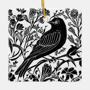 Ornement En Céramique Oiseau sur une branche avec Fleurs en noir et blan