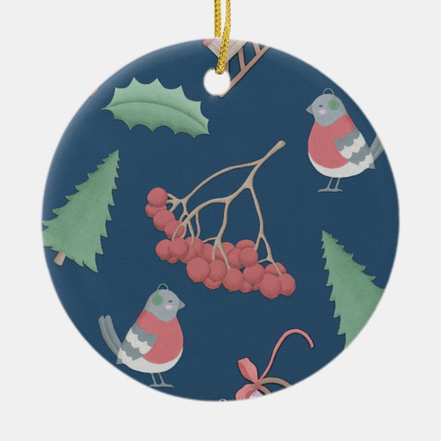 Ornement En Céramique Oiseaux de Noël et coudes Bleus (Devant)