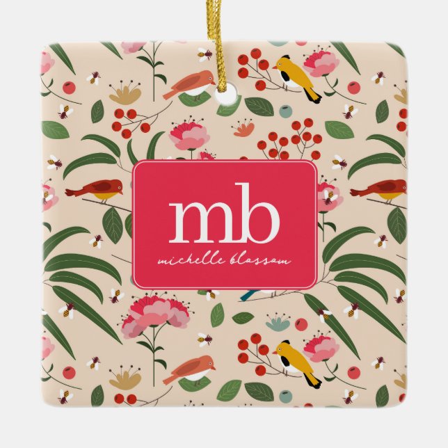 Ornement En Céramique Oiseaux floraux dessinés à la main Abeilles Monogr (Devant)