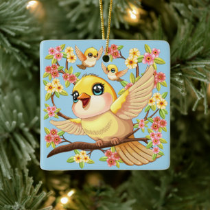 Ornement En Céramique Oiseaux mignons et heureux parmi les fleurs du pri