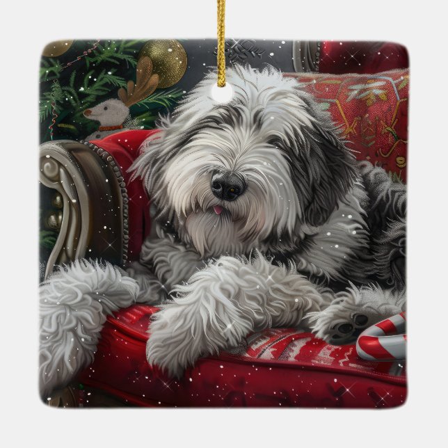 Ornement En Céramique Old English Sheepdog Festive de Noël (Dos)