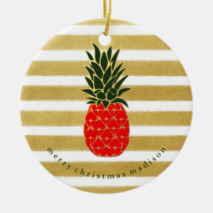Ornement En Céramique Or rouge et ananas tropical de Noël vert