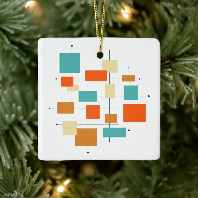 Ornement En Céramique Orange Turquoise Carré mi-siècle Noël (Arbre)