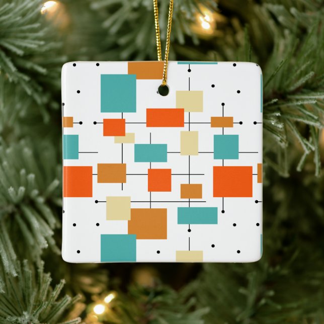 Ornement En Céramique Orange Turquoise Carré mi-siècle Noël (Arbre)