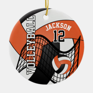 Ornement En Céramique Orange, White & Black Personalize Volleyball 🏐💖