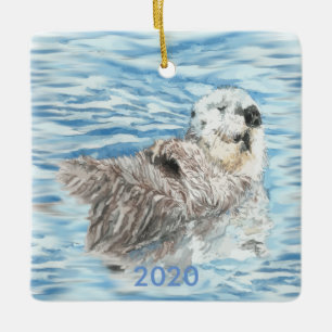 Ornement En Céramique Otter mignonne flottante flottante Eau bleue