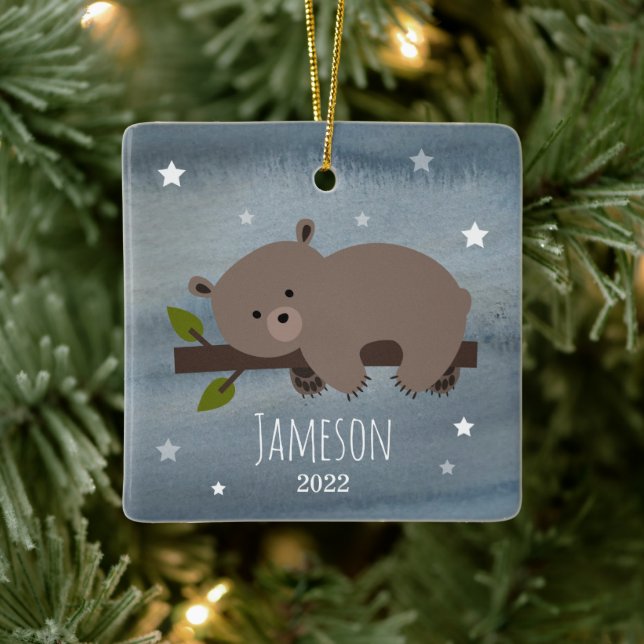 Ornement En Céramique Ours couché Étoiles Bébé Cub Premier Noël Photo (Arbre)
