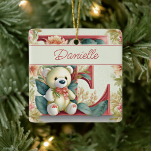 Ornement En Céramique Ours en peluche floral lettre E personnalisée