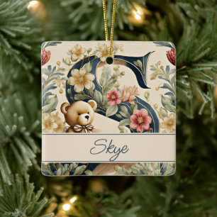 Ornement En Céramique Ours en peluche floral lettre S personnalisée