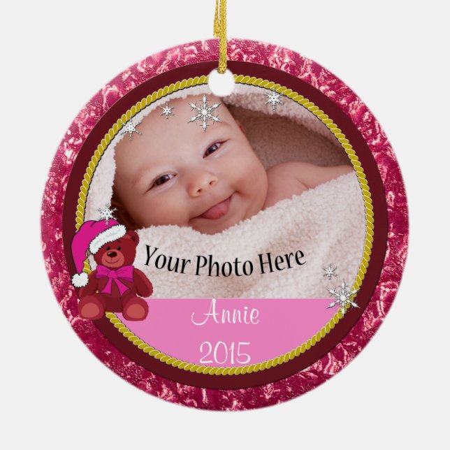 Ornement En Céramique Ours en peluche rose Noël personnalisé (Dos)