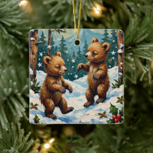 Ornement En Céramique Ours en peluche vintage jouant dans un Noël enneig